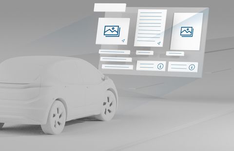 3D exploration: floating software interface panels above a white car model