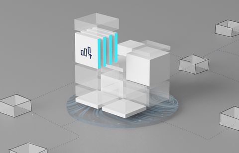 3D exploration: stacked glass blocks with glowing data bars on a circular base