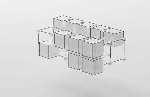 Early 3D sketch: a grid of translucent white cubes representing a vehicle software platform