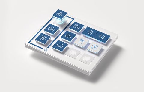 Final visual of the Bosch software platform: blue icon tiles arranged on a white 3D block
