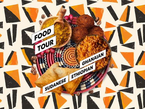 Key visual for the Food Tour: Sudanese, Ghanaian and Ethiopian dishes on a patterned background