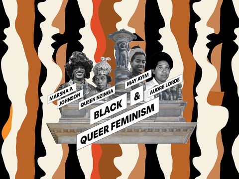 Key visual for the Black & Queer Feminism tour: portraits in front of a bold striped pattern
