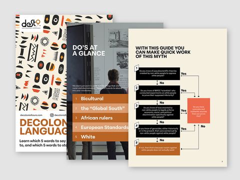 Decolonial Tours folders and flyers with colourful patterns and infographics