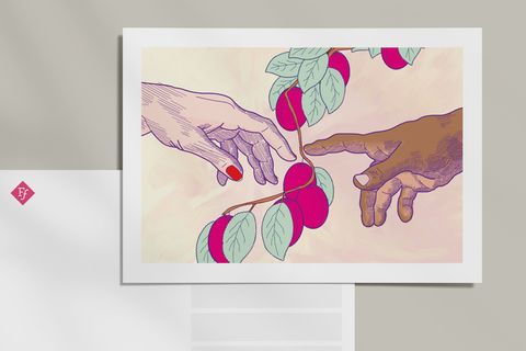 FrankenFruit poster: two hands reaching for a branch of plums