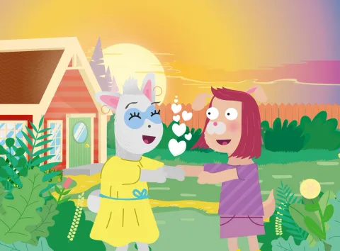 Book illustration: Jojo and Hellientje in love in front of their red house