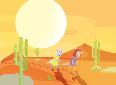 Book illustration: the characters walking through a desert with cacti under a big sun