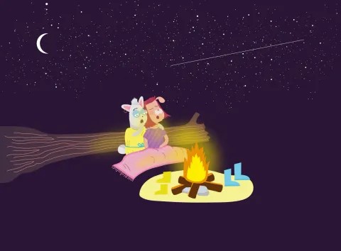 Book illustration: the two characters by a campfire under a starry night sky