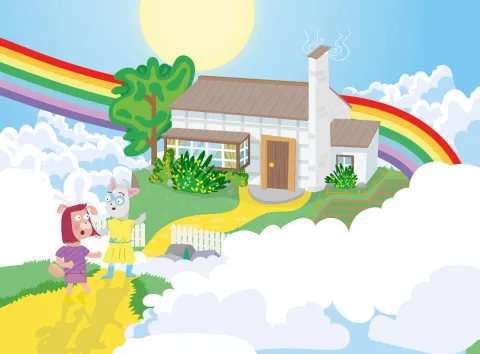 Book illustration: the characters arriving at a white house beneath a rainbow