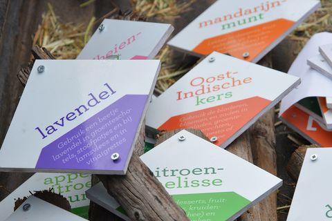 Field signs for FrankenFruit crops such as lavender, mandarin mint and lemon balm